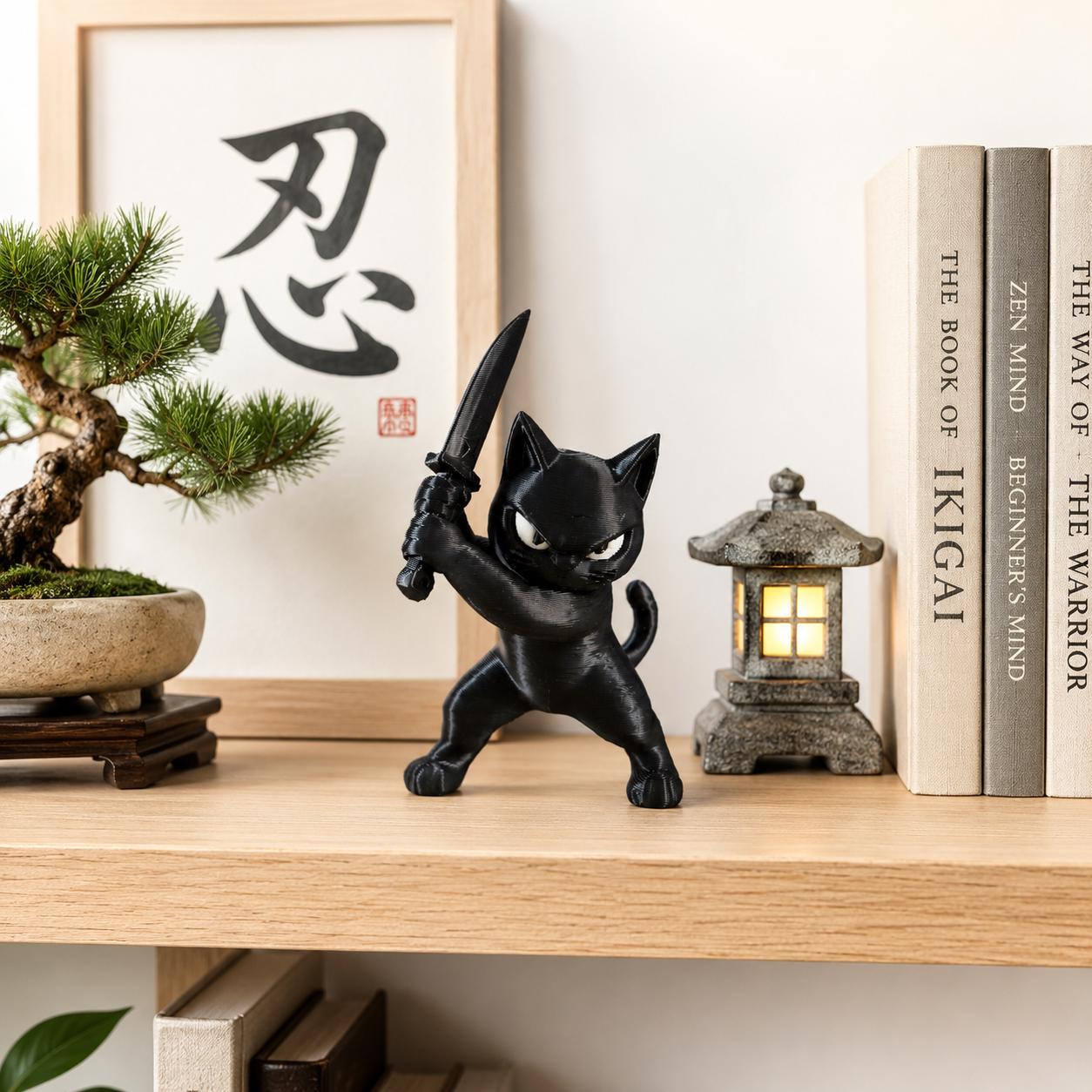 Black Ninja Cat Figurine, Cute Samurai Cat Statue, Kawaii Cat Decor, Mini Desk Companion, Gamer Gift, Ninja Cat Collectible, 3D Printed Gift