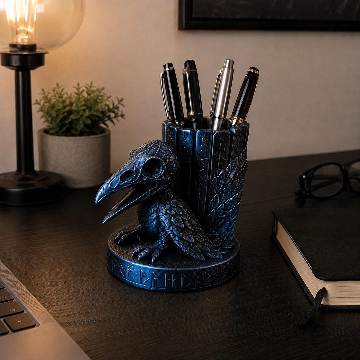 Raven Skull Pen Holder, Gothic Desk Organizer, Viking Rune Pencil Cup, Crow Skeleton Office Decor