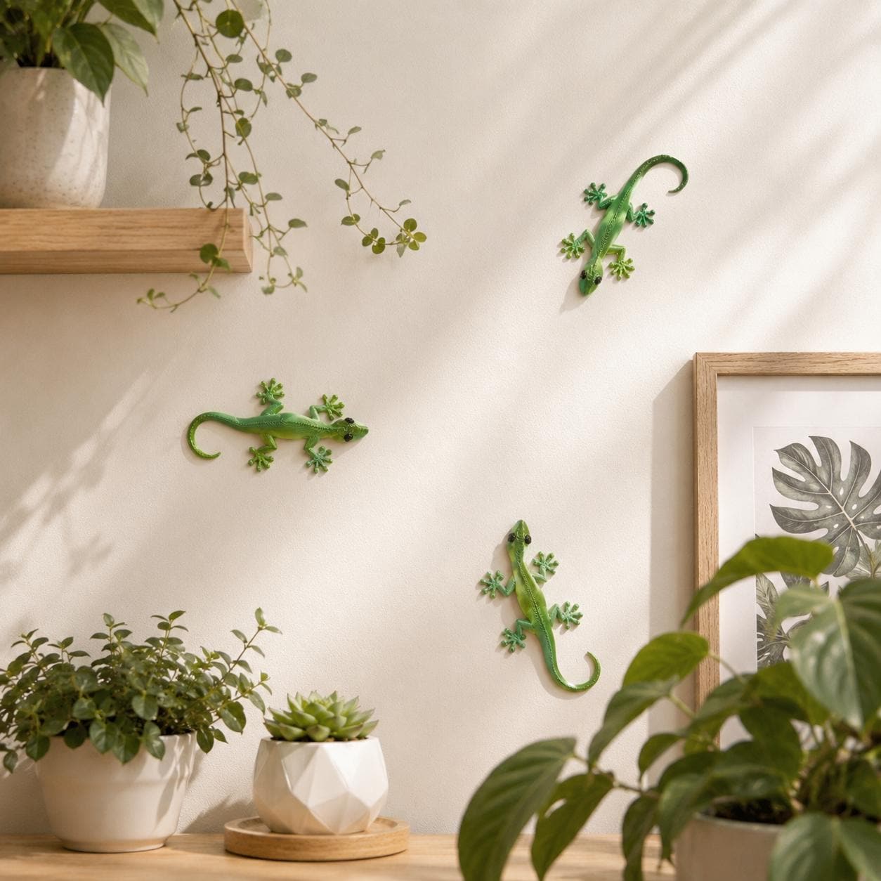 Gecko Wall Decor Set of 3, 3D Printed Lizard Wall Art, Tropical Gecko Decor, Green Reptile Wall Hanging, Nature Inspired Home Decor