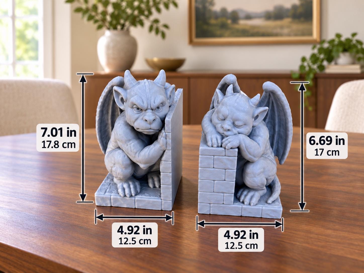 Gargoyle Bookends, 3D Printed Gothic Bookshelf Decor, Sleeping & Watchful Guardians, Fantasy Book Lover Gift