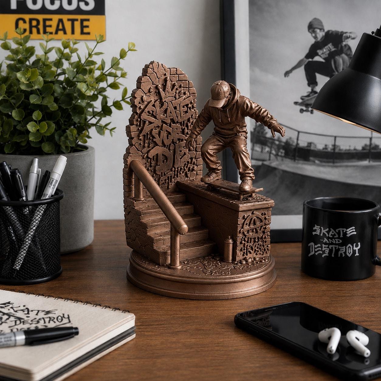 Skateboarder Figurine, Skateboard Decor, Skater Gift, Skateboarding Statue, Skate Park Desk Decor, Skater Room Decor, Skateboard Gift