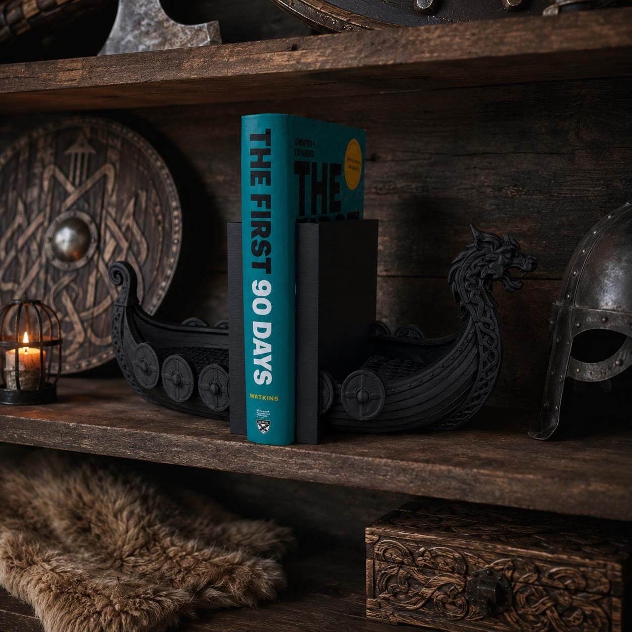 Viking Ship Bookends Set of 2, Norse Dragon Book Ends, Viking Longship Book Holder, Nordic Bookshelf Decor, Gift for Book Lovers