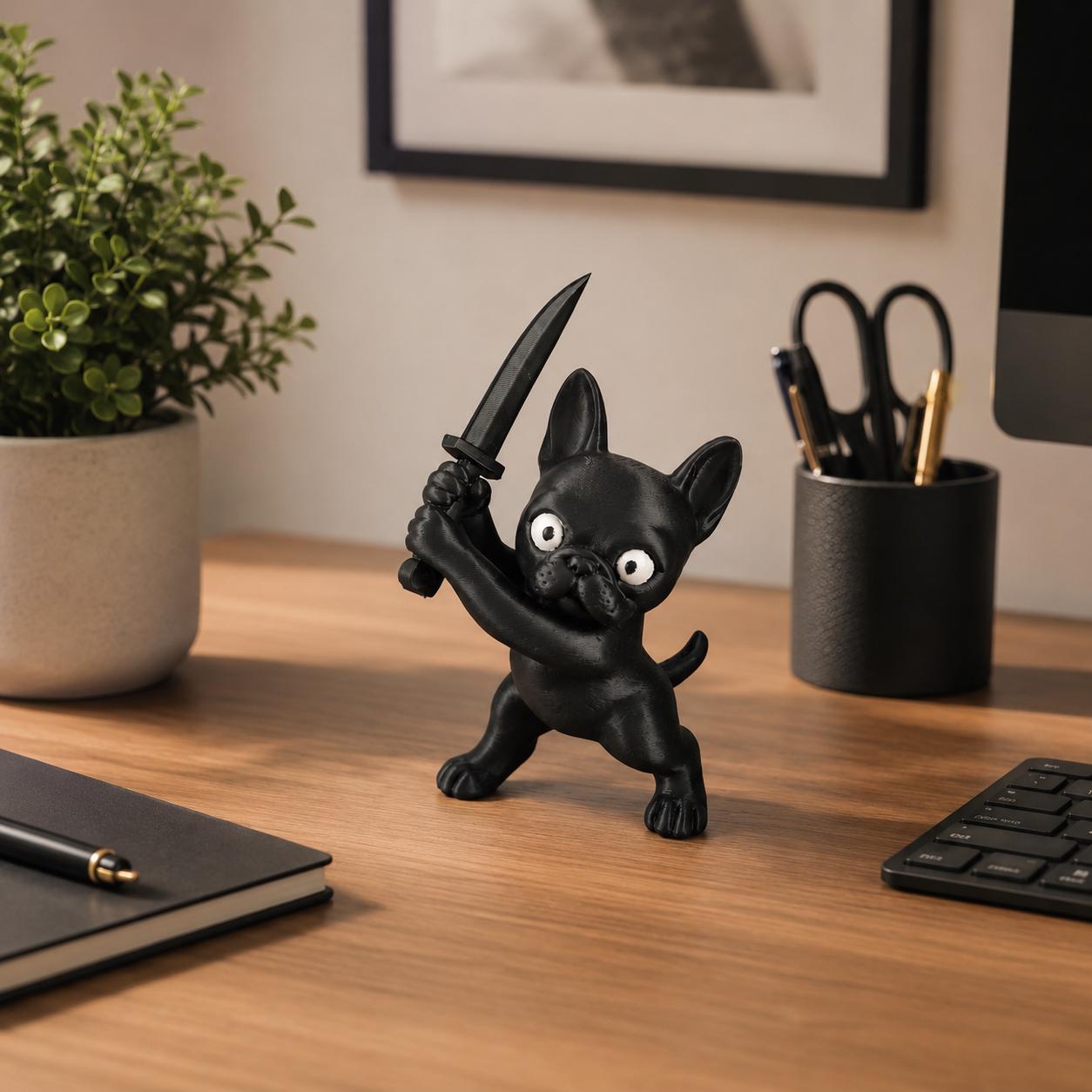 Cute French Bulldog with Knife Figurine, Funny Dog Statue, Black Frenchie Decor, Gothic Desk Decor, Office Shelf Decoration, Gift for Dog Lo