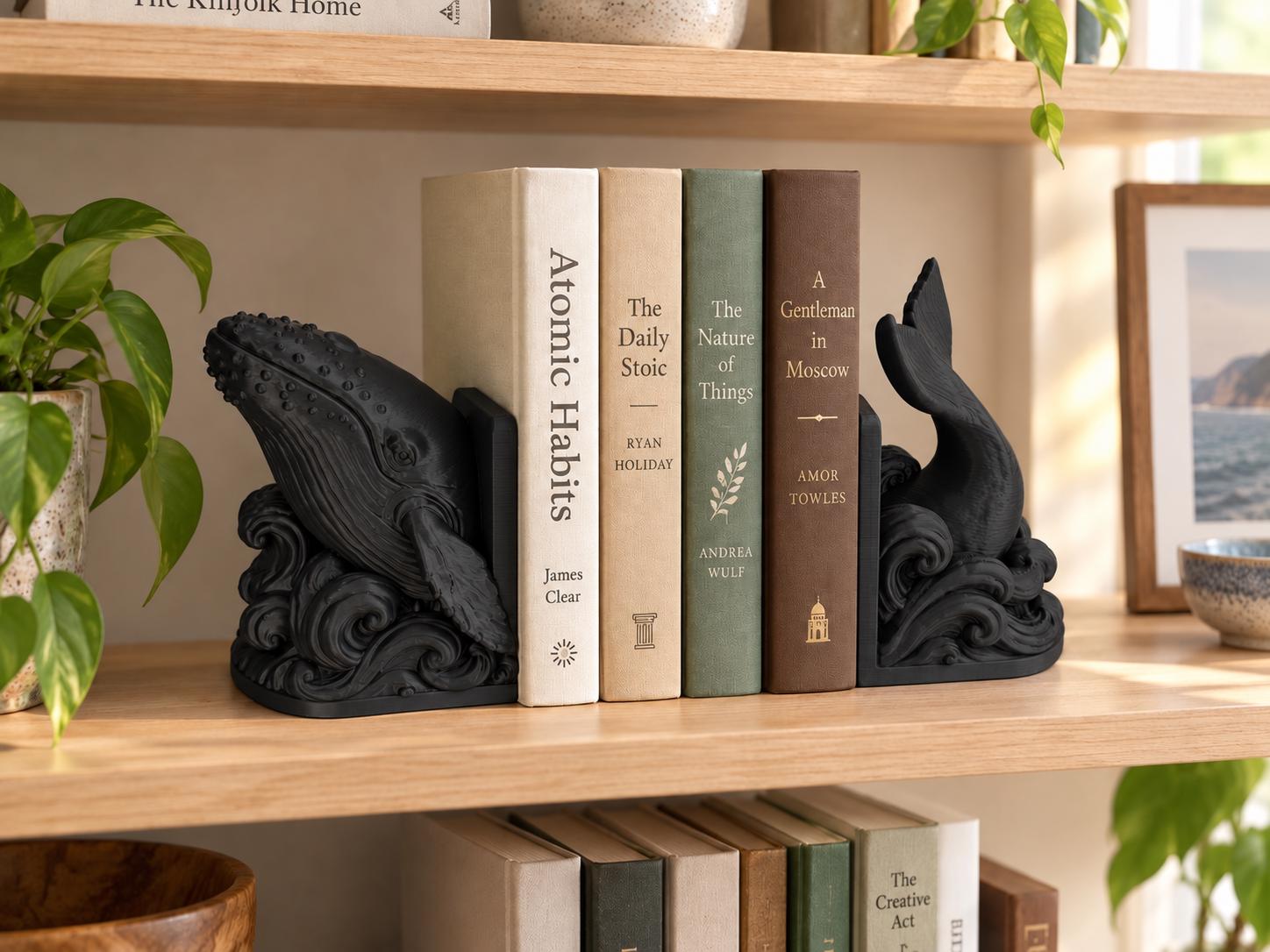 Whale Bookends Set of 2, 3D Printed Ocean Waves Book Holders, Coastal Bookshelf Decor, Gift for Book Lovers