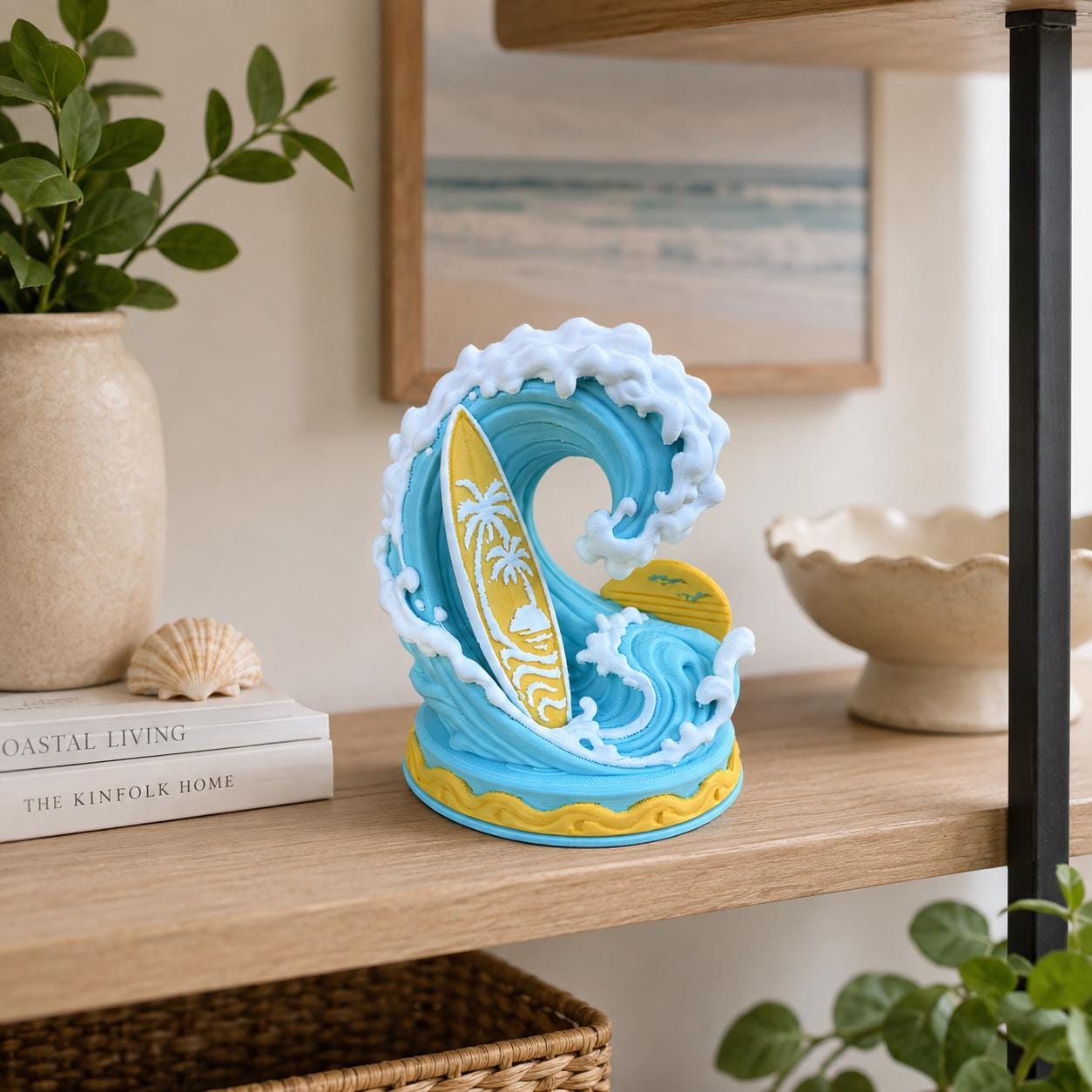 3d Printed Surfing Wave Decor with Surfboard, Coastal Beach Shelf Art, Ocean Lover Gift, Hawaiian Home Decor, Surfer Desk Decoration