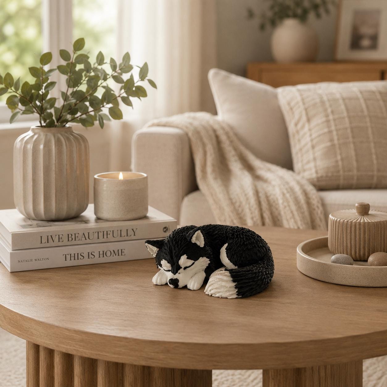 Sleeping Husky Figurine – 3D Printed Dog Desk Decor, Cozy Shelf Accent