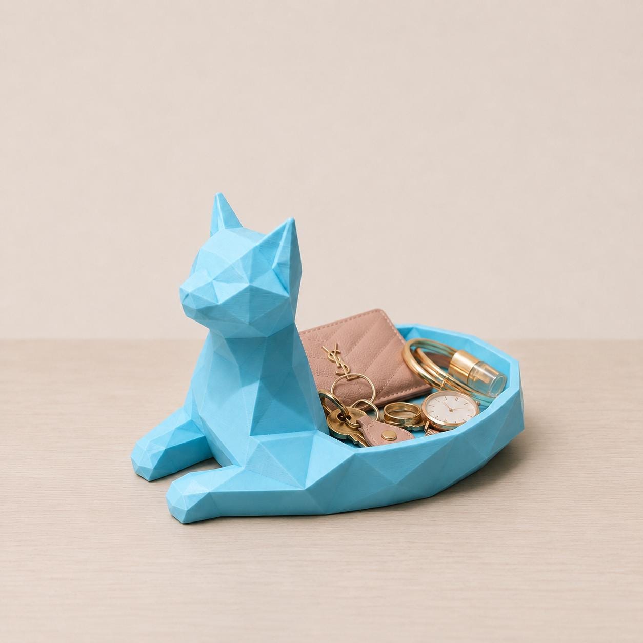 Geometric Low-Poly Cat Jewelry Dish, 3D Printed Trinket Tray, Modern Decor