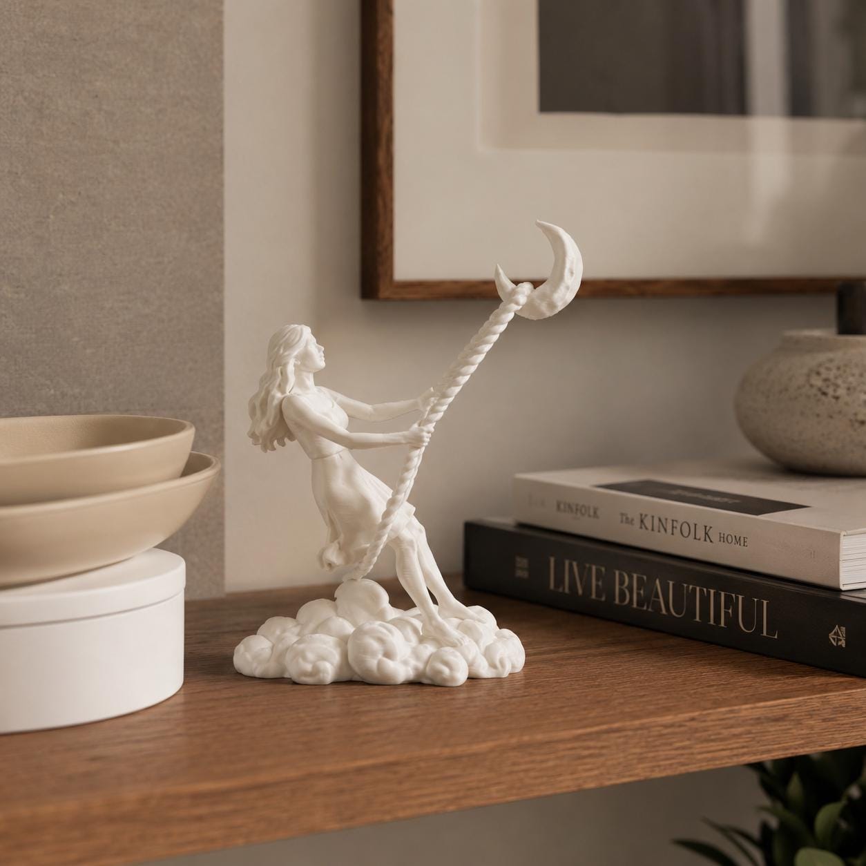 Moon Swing Girl Figurine, Celestial Moon Decor, Crescent Moon Statue, 3D Printed Shelf Decor, Fantasy Home Decor, Gift for Her