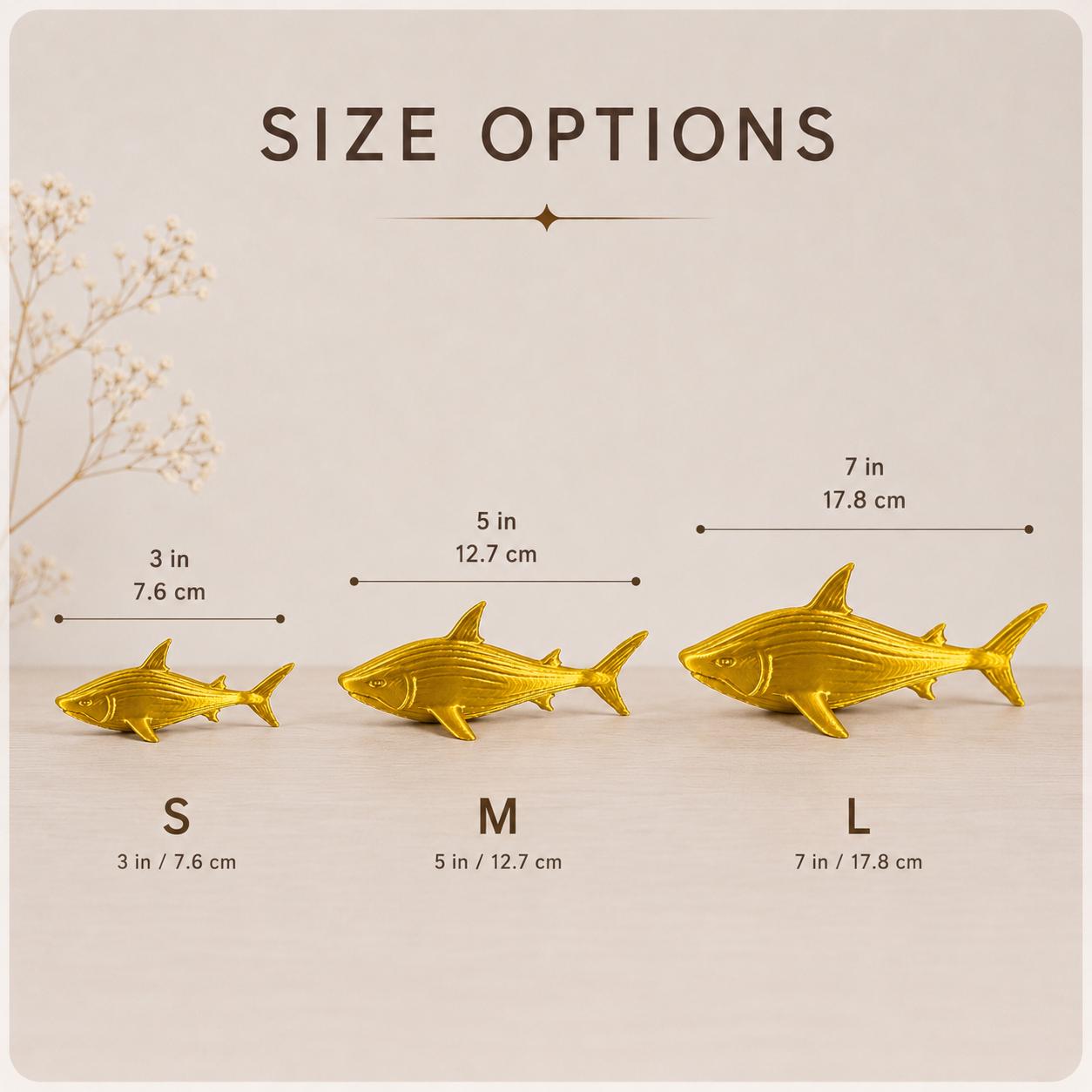 Golden Shark Figurine, 3D Printed Sculpture, Metallic Finish, Coastal Shelf Decor