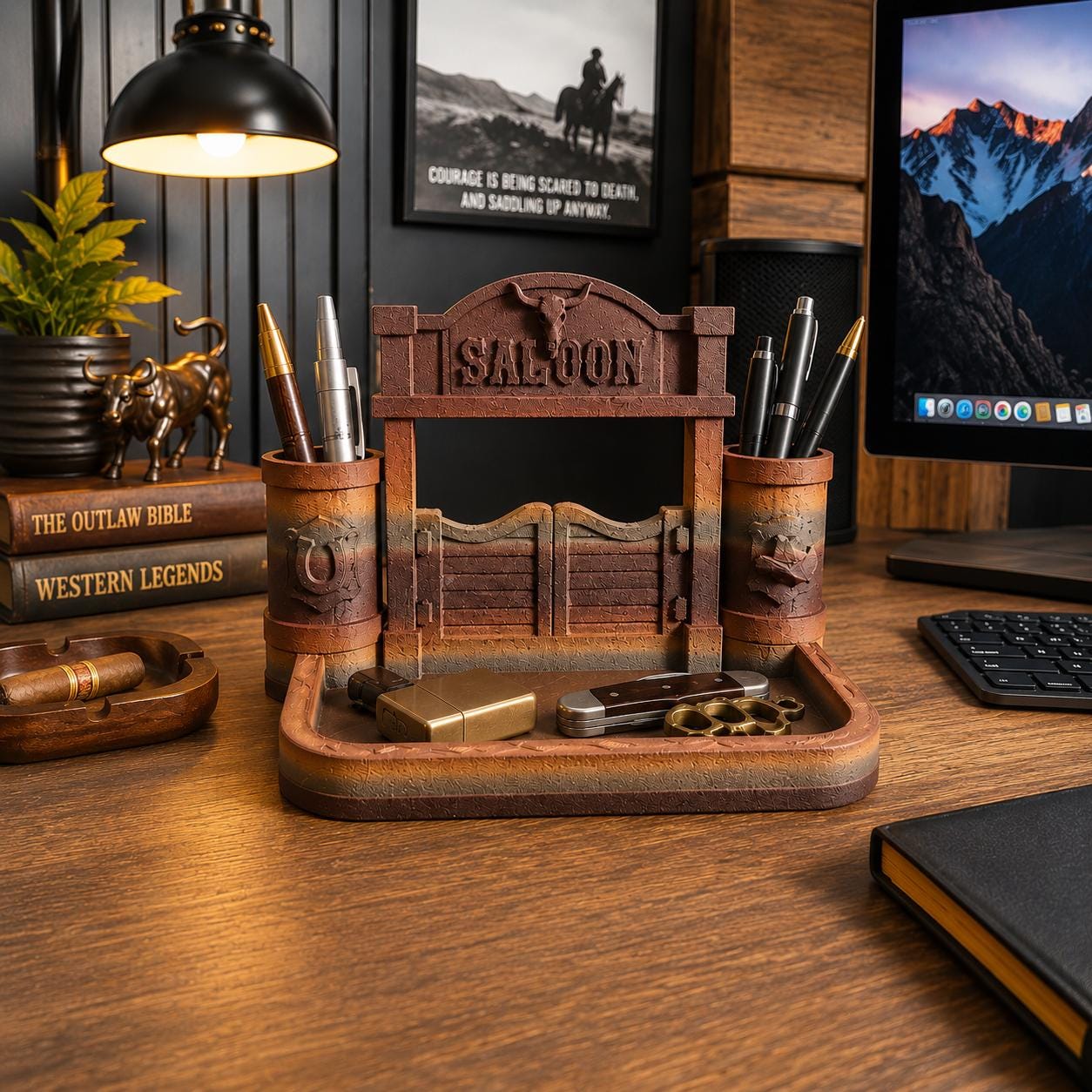 Wild West Saloon Desk Organizer, 3D Printed Pen Holder, Rustic Office Decor