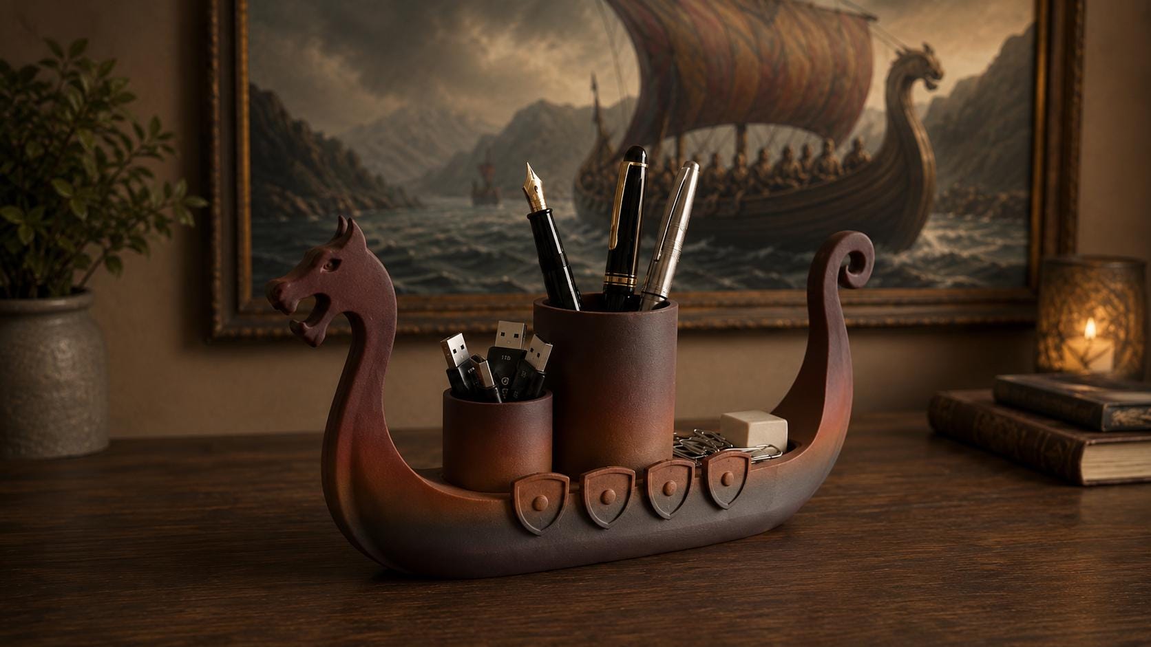 Viking Ship Desk Organizer, Norse Mythology Dragon Boat Pen Holder, 3D Printed Accessory