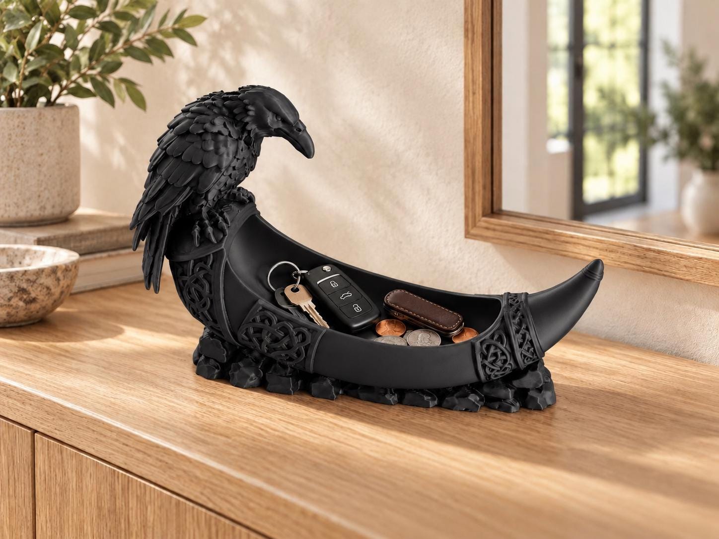 Raven Viking Horn Catchall Tray, 3d Printed Norse Decor, Key and Coin Holder, Gothic Desk Organizer