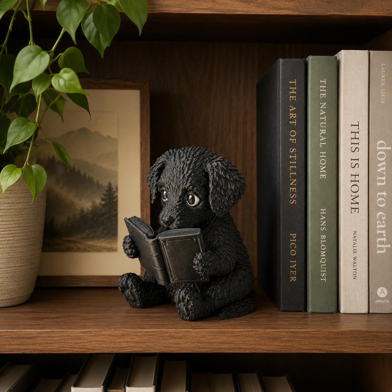 Reading Puppy Figurine, Cute 3d Printed Dog Reading Book Decor, 3D Printed Puppy Statue, Book Lover Gift, Bookshelf Decor, Desk Buddy