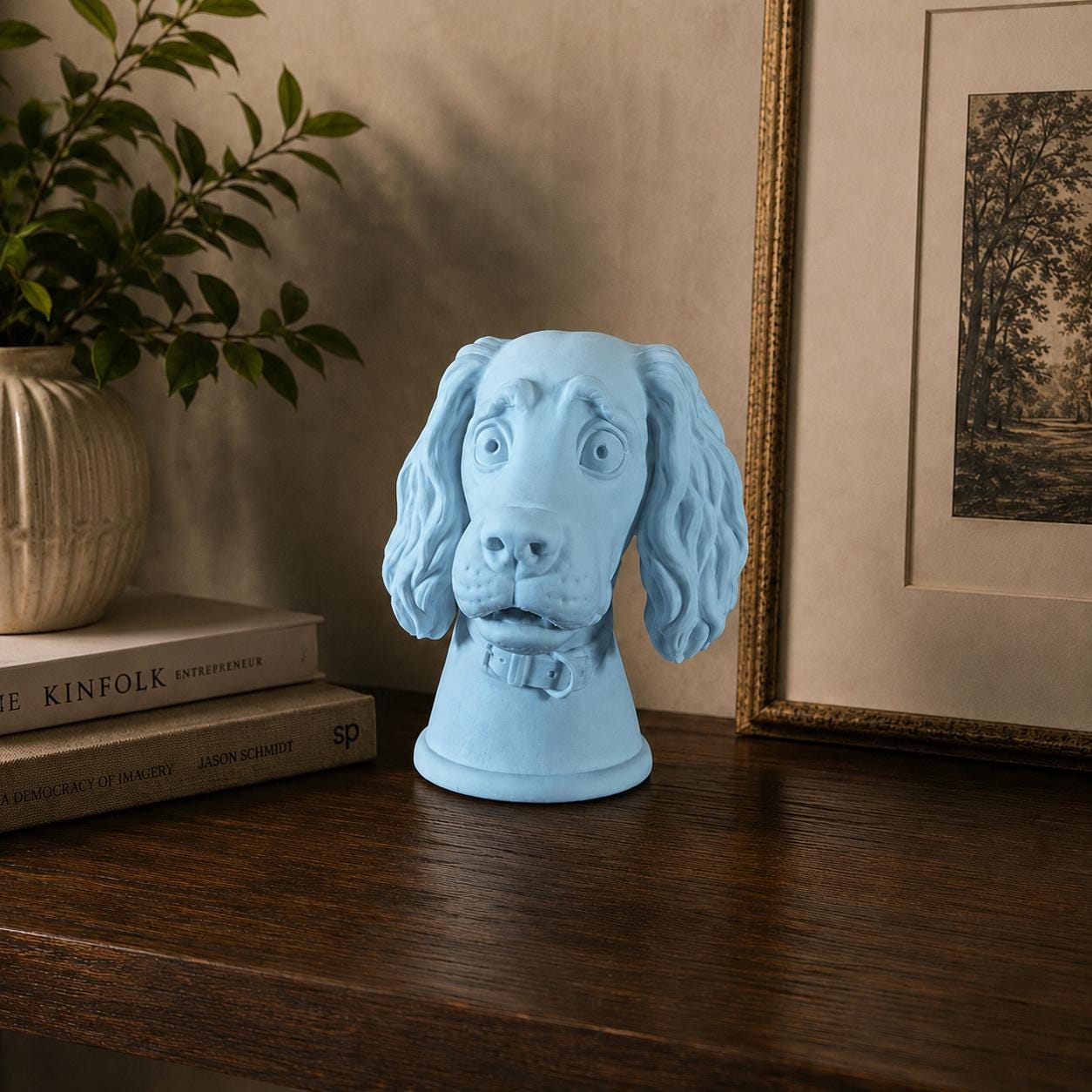 3D Printed Spaniel Dog Bust Sculpture, Expressive Eyes, Playful Character Shelf Decor