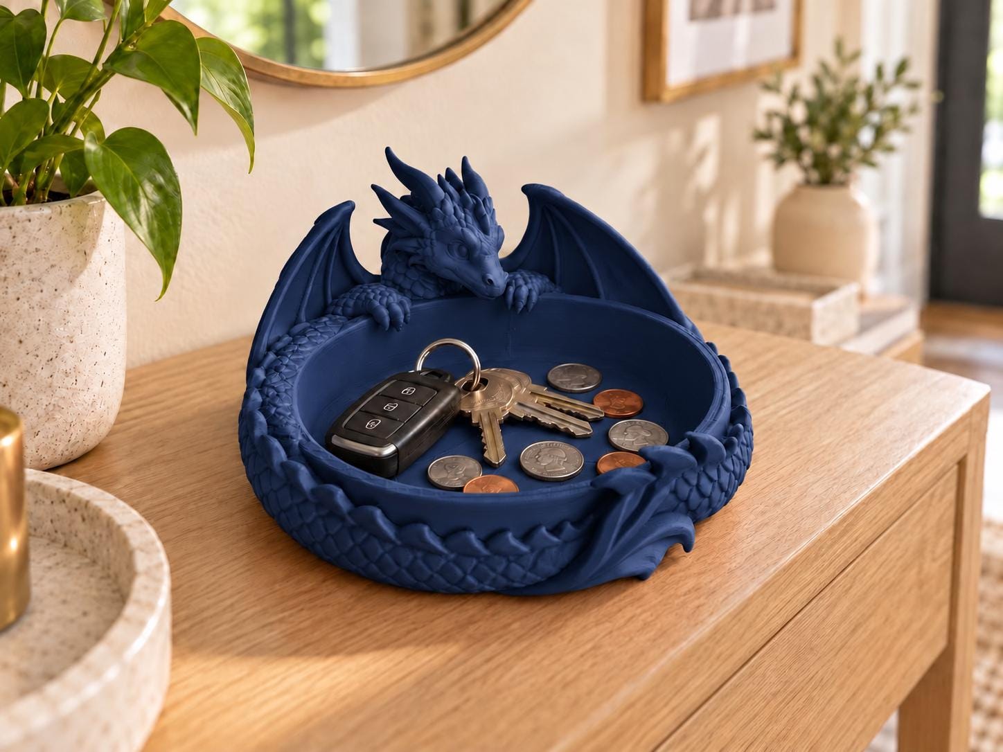 Dragon Trinket Dish with Wings, 3D Printed Jewelry Bowl, Ring and Key Holder, Fantasy Desk Decor