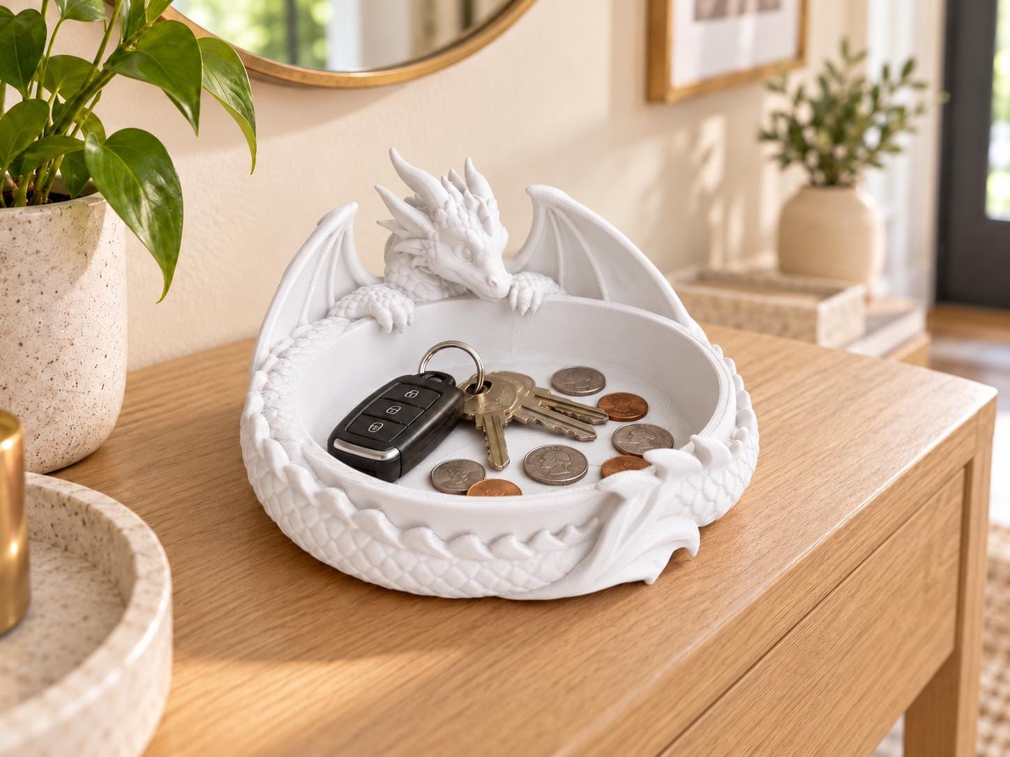Dragon Trinket Dish with Wings, 3D Printed Jewelry Bowl, Ring and Key Holder, Fantasy Desk Decor