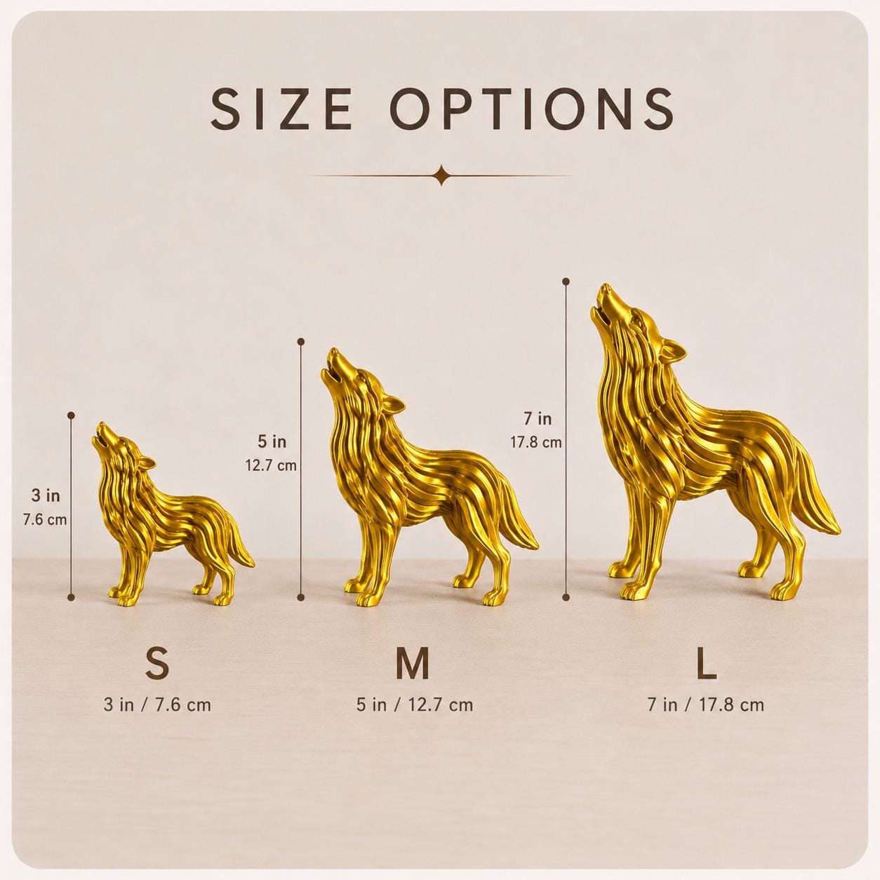 Howling Wolf Figurine, Metallic Gold 3D Printed Sculpture, Modern Wildlife Decor