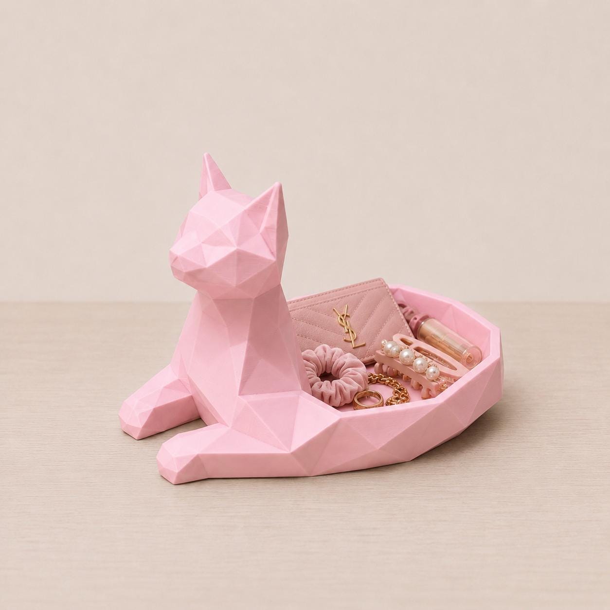 Geometric Low-Poly Cat Jewelry Dish, 3D Printed Trinket Tray, Modern Decor