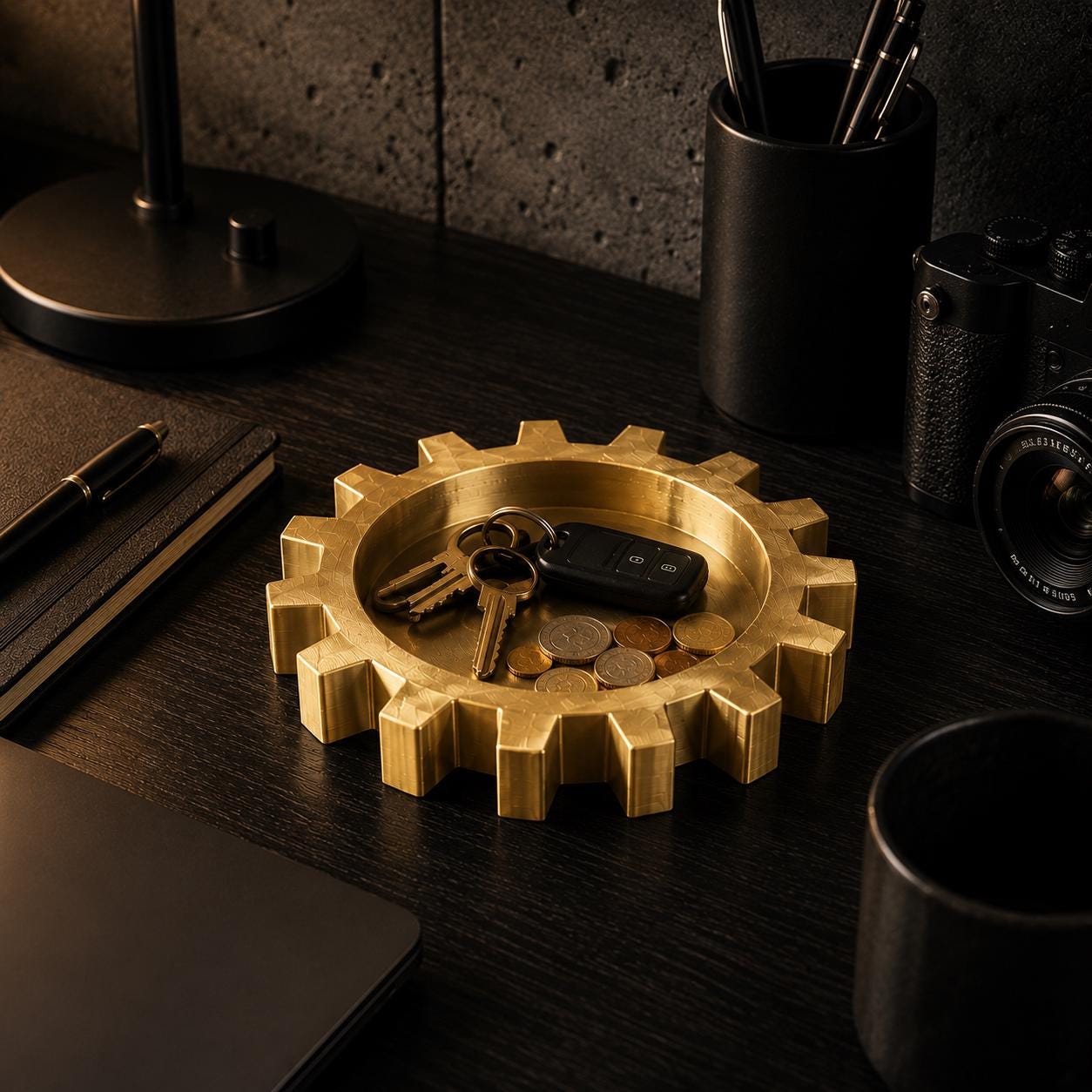Gear Valet Tray, 3D Printed Catchall Organizer for Keys & Coins, Industrial Desk Decor, Entryway Tray, Gift for Him, Garage Decor
