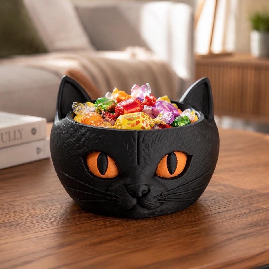 Black Cat Candy Bowl, Halloween Candy Holder, 3D Printed Cat Catchall Tray, Spooky Halloween Decor, Cat Lover Gift