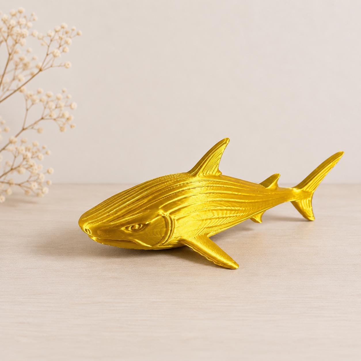 Golden Shark Figurine, 3D Printed Sculpture, Metallic Finish, Coastal Shelf Decor