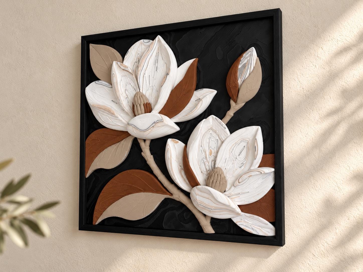3D Printed Magnolia Wall Art, Framed Floral Relief, Textured Botanical Wall Decor, 15.75 x 15.75 in