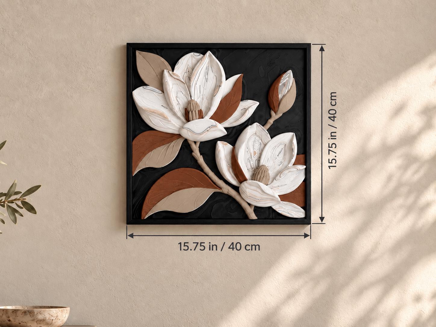 3D Printed Magnolia Wall Art, Framed Floral Relief, Textured Botanical Wall Decor, 15.75 x 15.75 in