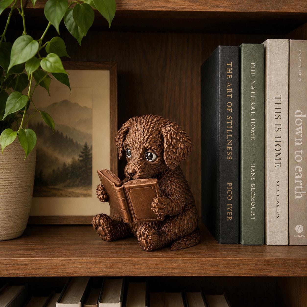Reading Puppy Figurine, Cute 3d Printed Dog Reading Book Decor, 3D Printed Puppy Statue, Book Lover Gift, Bookshelf Decor, Desk Buddy