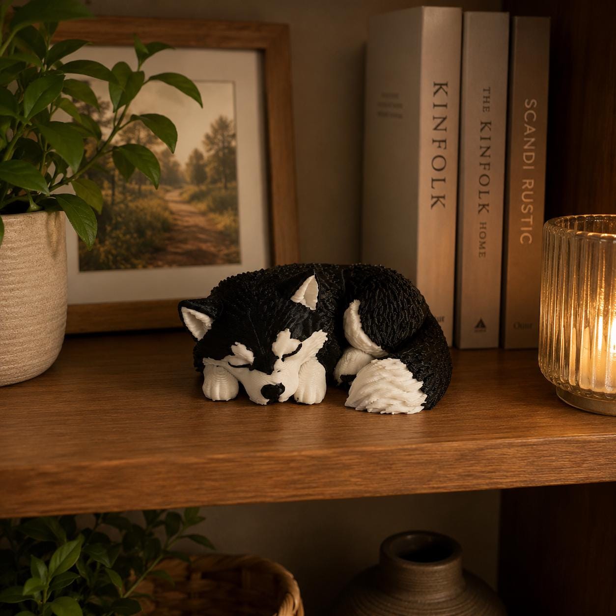 Sleeping Husky Figurine – 3D Printed Dog Desk Decor, Cozy Shelf Accent