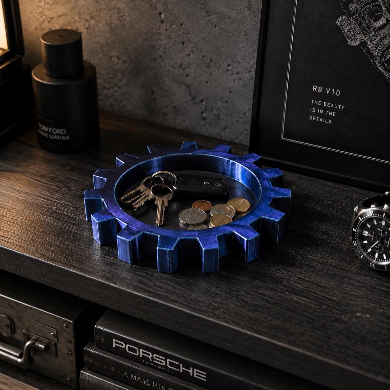 Gear Valet Tray, 3D Printed Catchall Organizer for Keys & Coins, Industrial Desk Decor, Entryway Tray, Gift for Him, Garage Decor