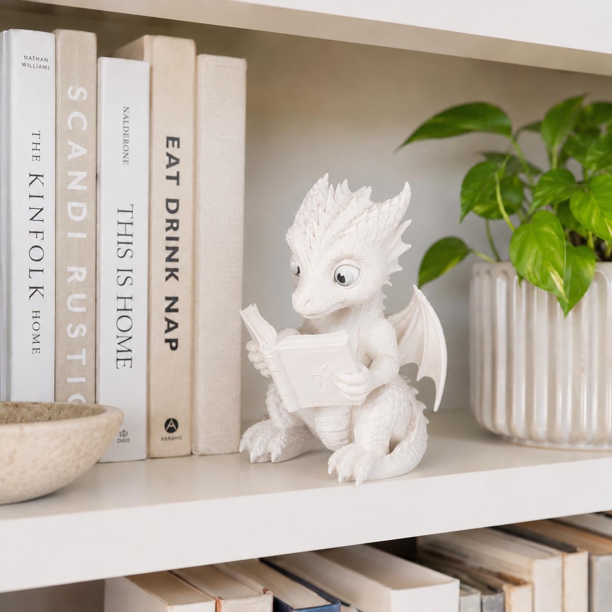 Cute Reading Dragon Figurine, Book Lover Dragon Decor, Fantasy Bookshelf Decor, Dragon Reading Book Statue, Gift for Book Lovers