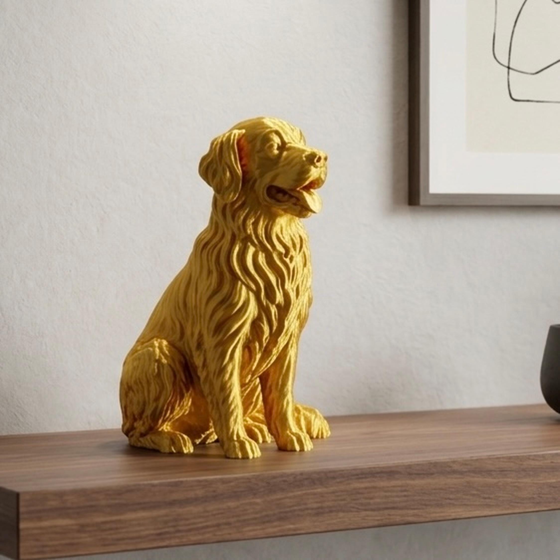 Golden Retriever Figurine, 3D Printed Dog Statue, Gold Finish Shelf Decor