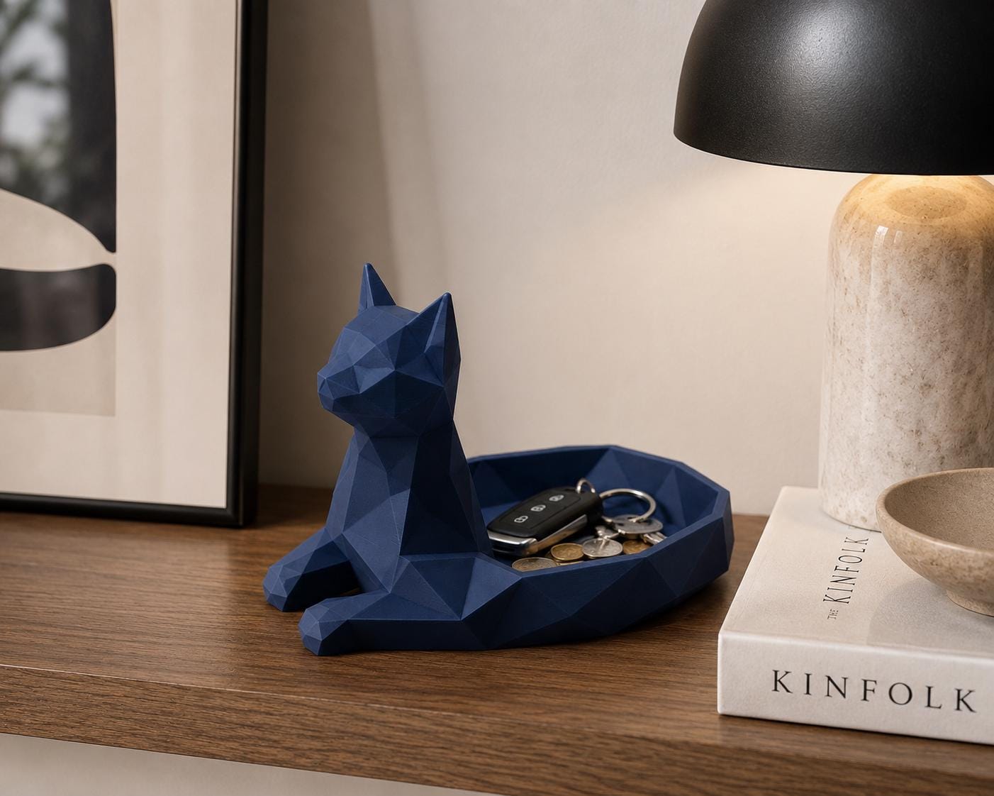 Geometric Low-Poly Cat Jewelry Dish, 3D Printed Trinket Tray, Modern Decor
