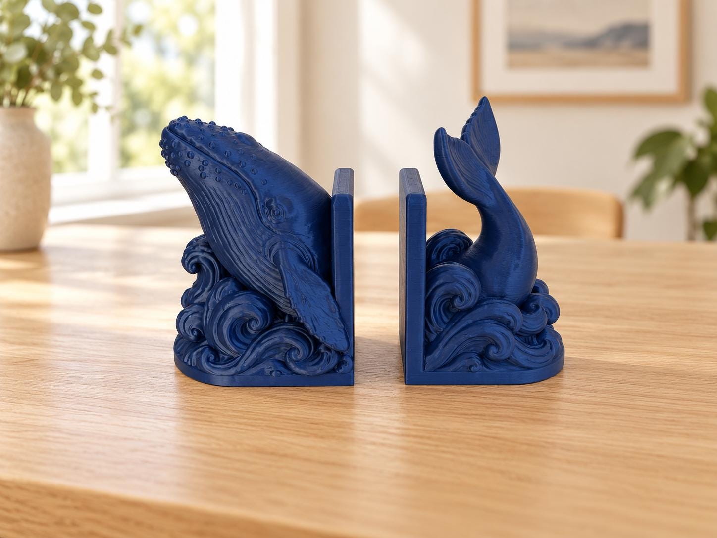 Whale Bookends Set of 2, 3D Printed Ocean Waves Book Holders, Coastal Bookshelf Decor, Gift for Book Lovers