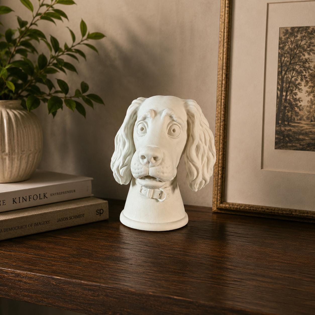 3D Printed Spaniel Dog Bust Sculpture, Expressive Eyes, Playful Character Shelf Decor