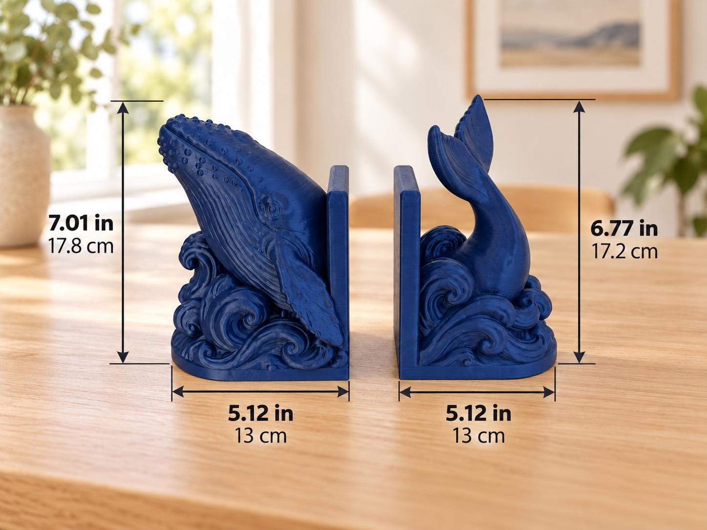 Whale Bookends Set of 2, 3D Printed Ocean Waves Book Holders, Coastal Bookshelf Decor, Gift for Book Lovers