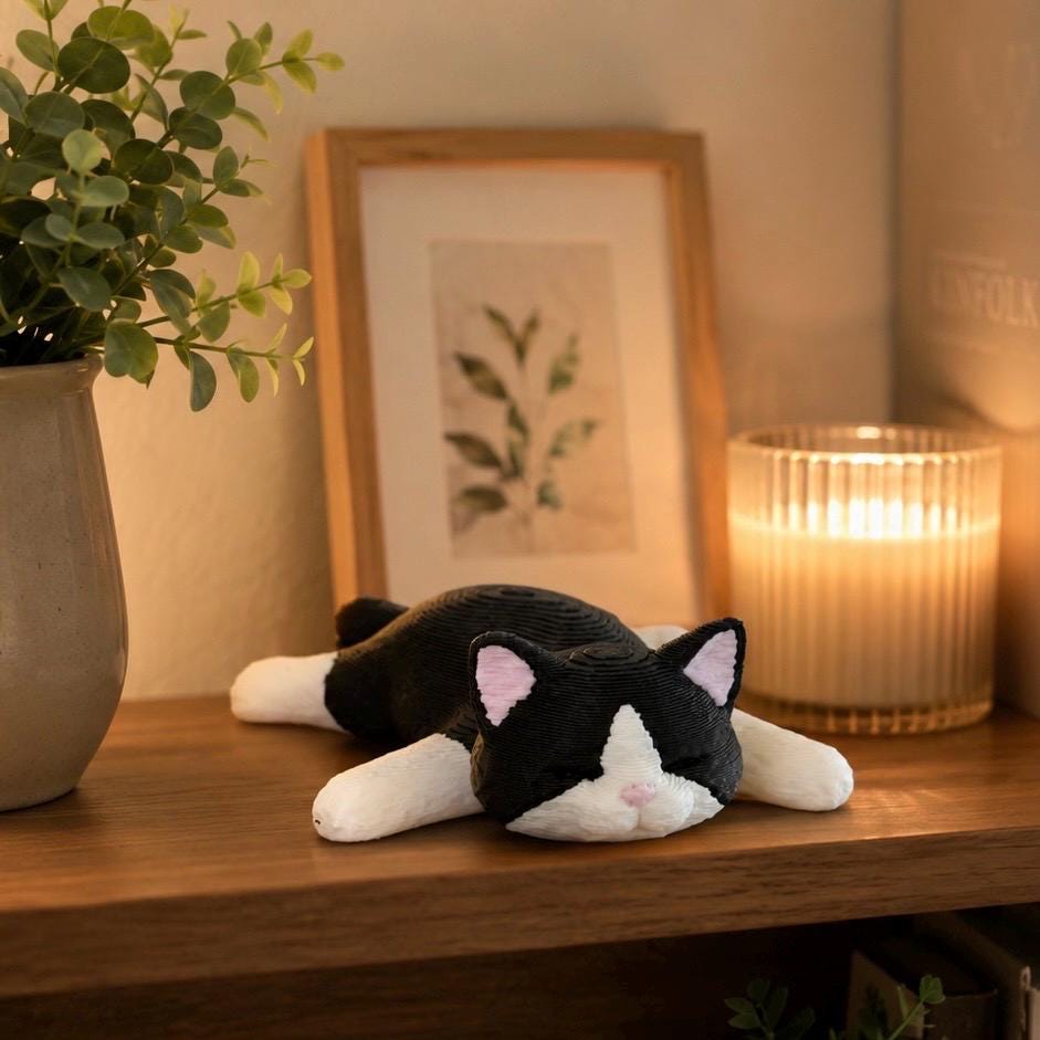 Sleeping Tuxedo Cat Figurine – Cozy 3D Printed Desk Pet, Shelf Decor
