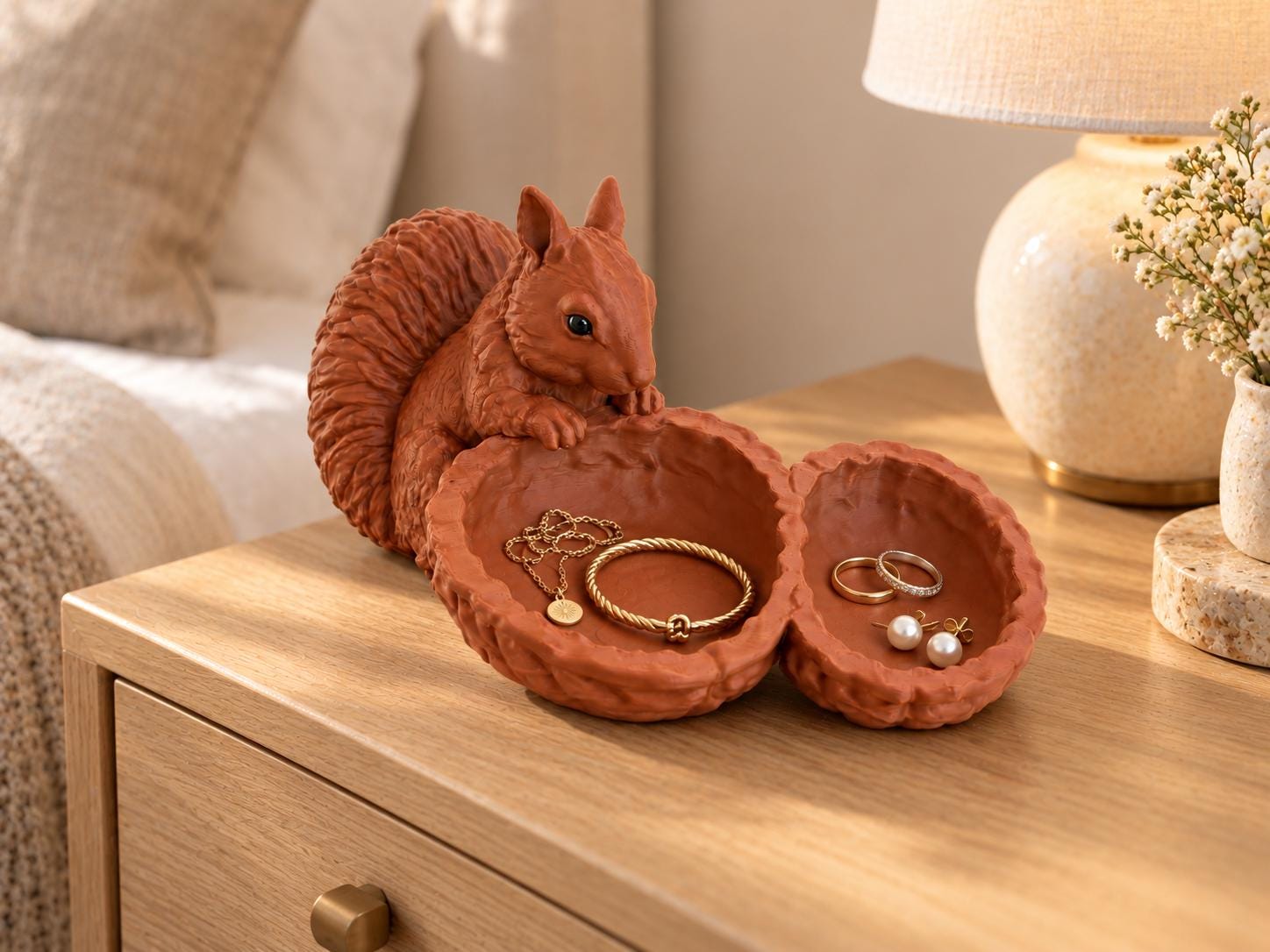 3D Printed Squirrel Jewelry Tray with Walnut Bowls, Woodland Catchall for Keys and Rings, Cottagecore Decor, Squirrel Lover Gift