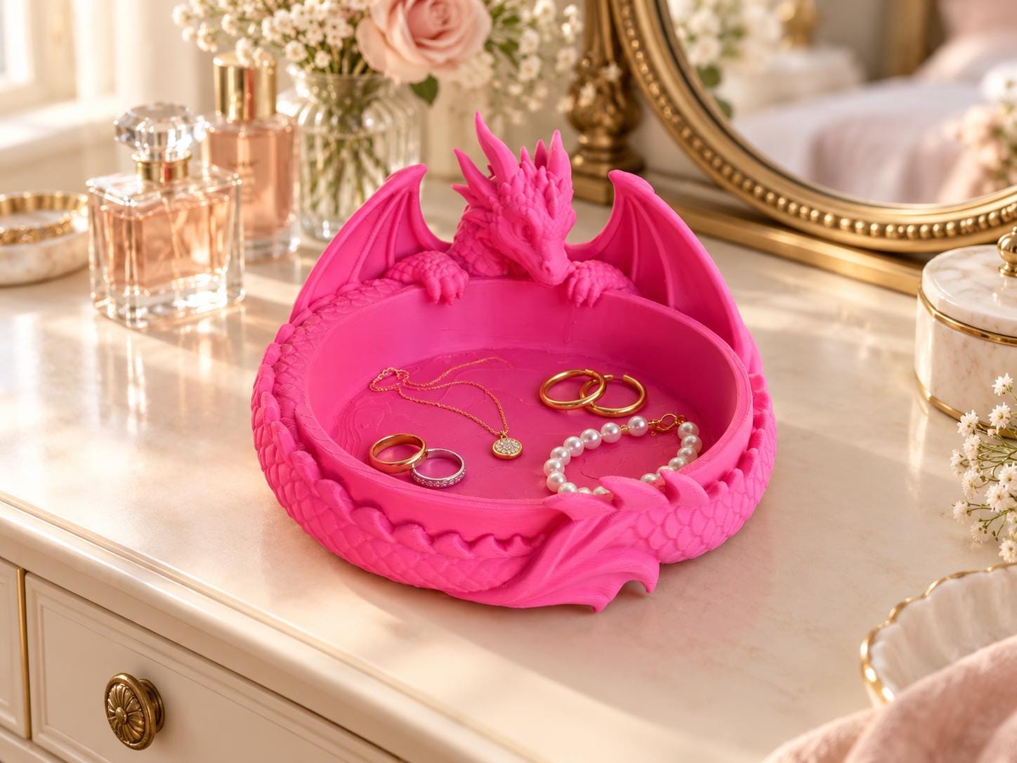 Dragon Trinket Dish with Wings, 3D Printed Jewelry Bowl, Ring and Key Holder, Fantasy Desk Decor