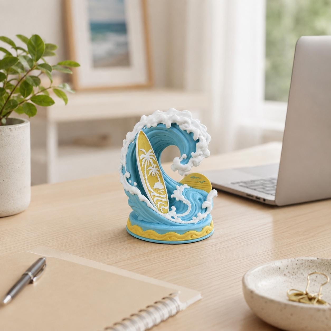 3d Printed Surfing Wave Decor with Surfboard, Coastal Beach Shelf Art, Ocean Lover Gift, Hawaiian Home Decor, Surfer Desk Decoration