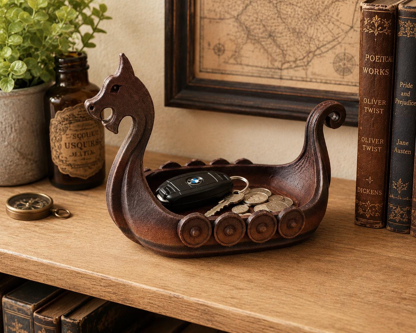 Viking Ship Trinket Tray, Norse Dragon Boat Coin Holder, Desk Organizer