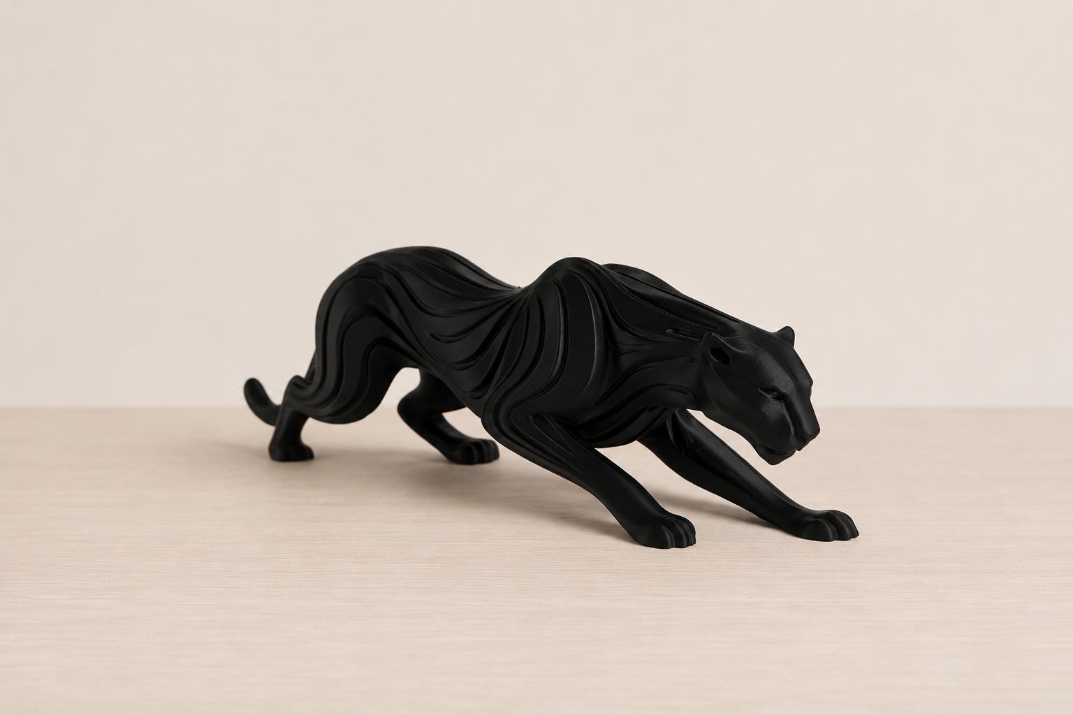 Matte Black Panther Sculpture, Modern Stalking Big Cat Statue, 3D Printed Decor