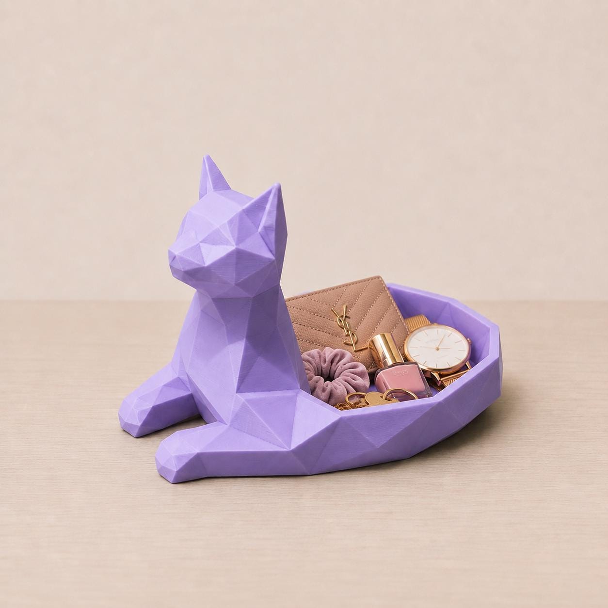 Geometric Low-Poly Cat Jewelry Dish, 3D Printed Trinket Tray, Modern Decor