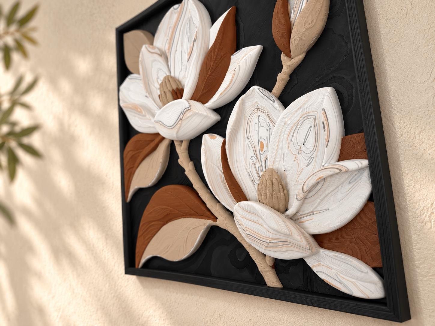 3D Printed Magnolia Wall Art, Framed Floral Relief, Textured Botanical Wall Decor, 15.75 x 15.75 in