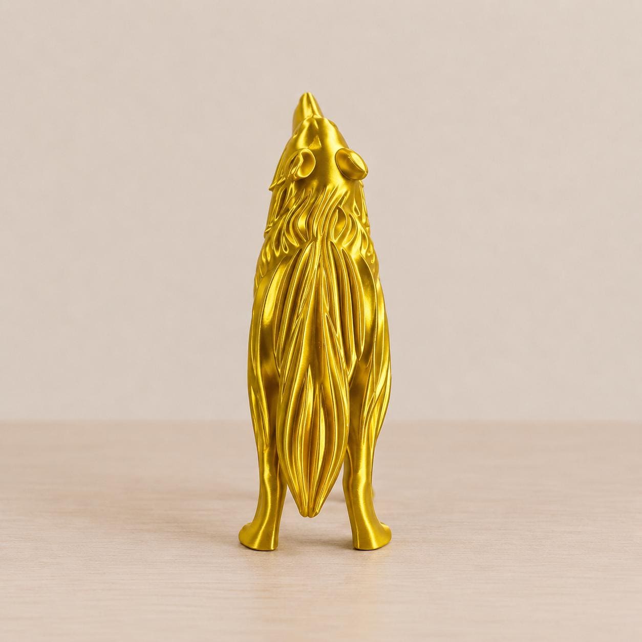 Howling Wolf Figurine, Metallic Gold 3D Printed Sculpture, Modern Wildlife Decor