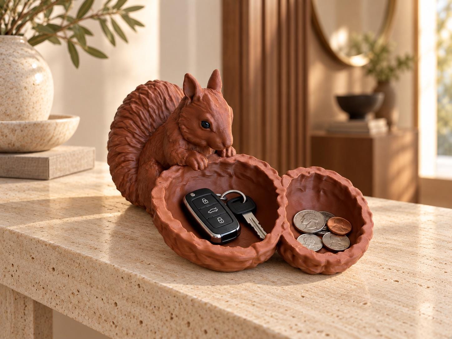 3D Printed Squirrel Jewelry Tray with Walnut Bowls, Woodland Catchall for Keys and Rings, Cottagecore Decor, Squirrel Lover Gift