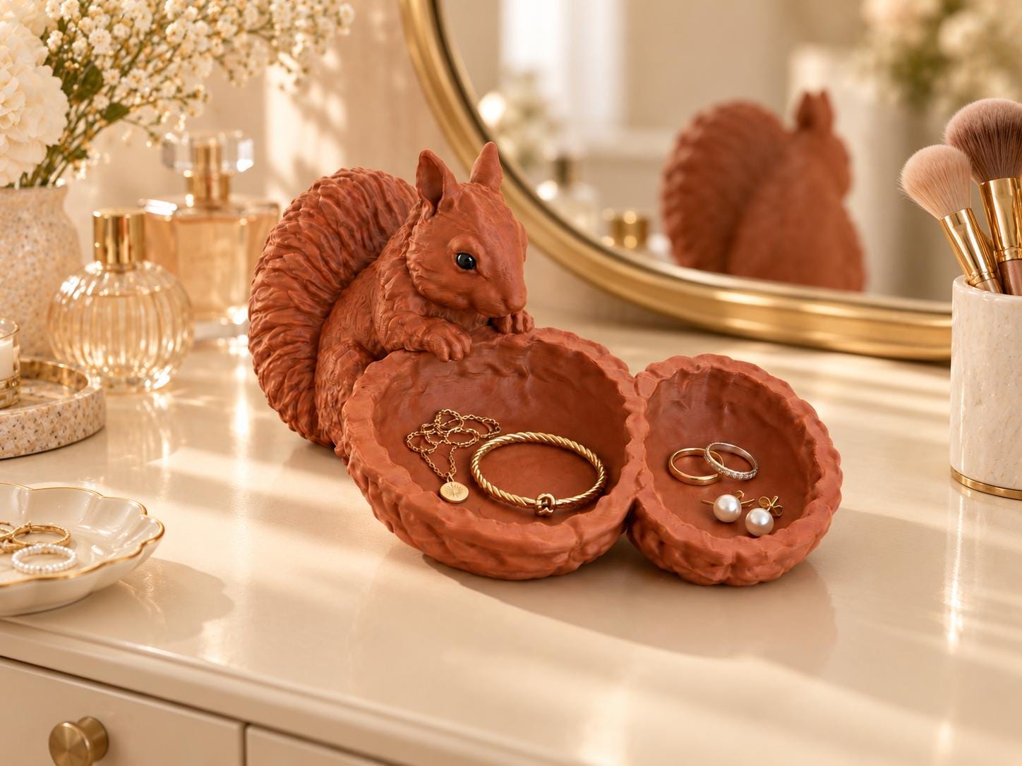 3D Printed Squirrel Jewelry Tray with Walnut Bowls, Woodland Catchall for Keys and Rings, Cottagecore Decor, Squirrel Lover Gift