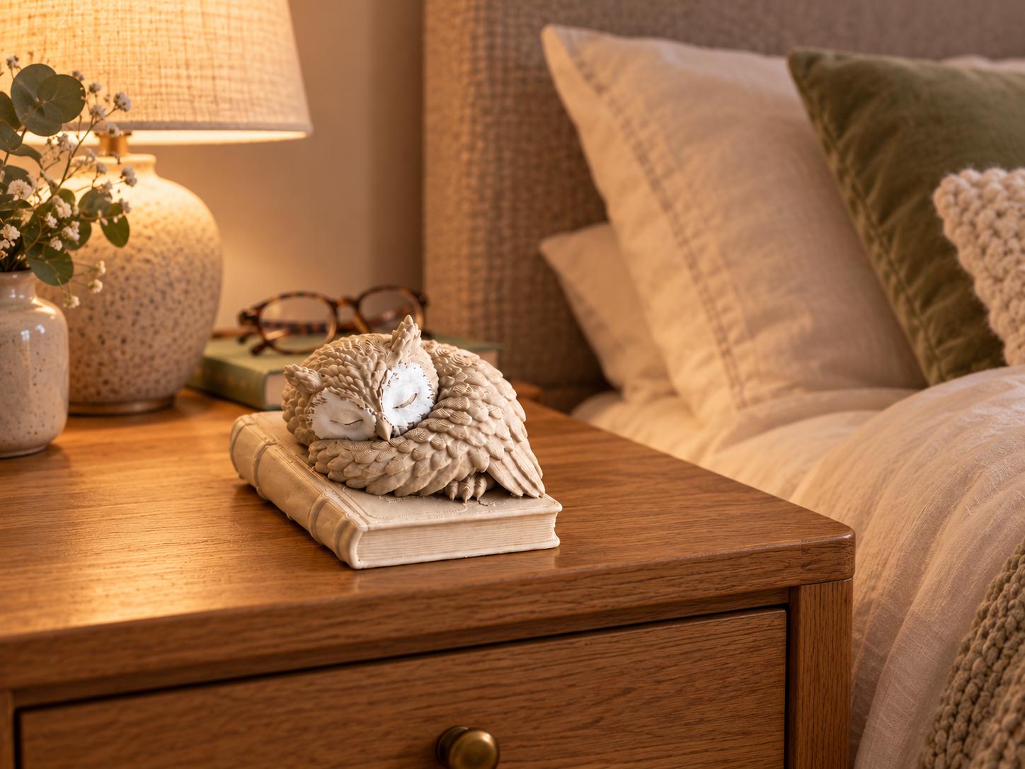 Sleeping Owl on Book Figurine, 3d Printed Cozy Bookshelf Decor, Book Lover Gift, Woodland Owl Statue, Reading Nook Decoration