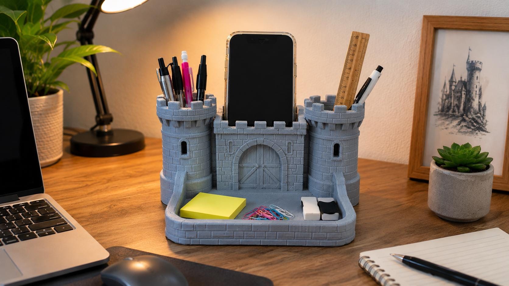 Castle Desk Organizer, Medieval Phone Stand, Pen Holder, Key Tray, Fantasy Decor