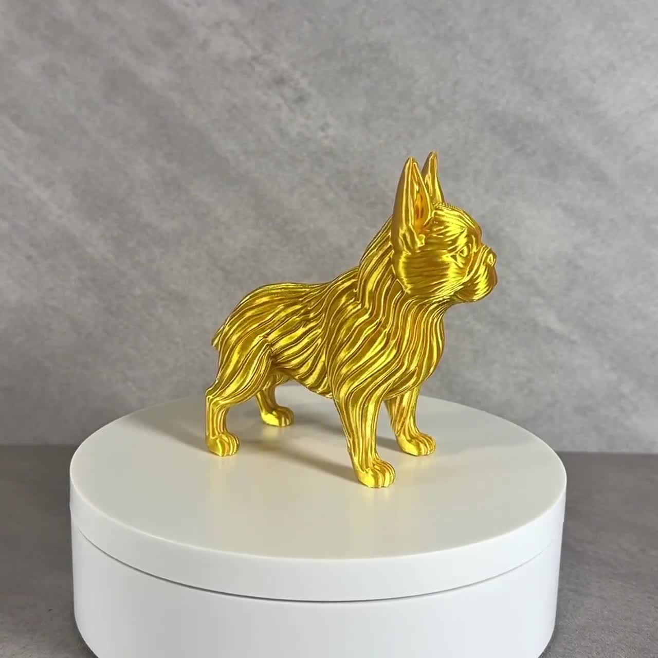 3D Printed French Bulldog Figurine, Modern Dog Statue, Desk Decor, Gold Black video cover